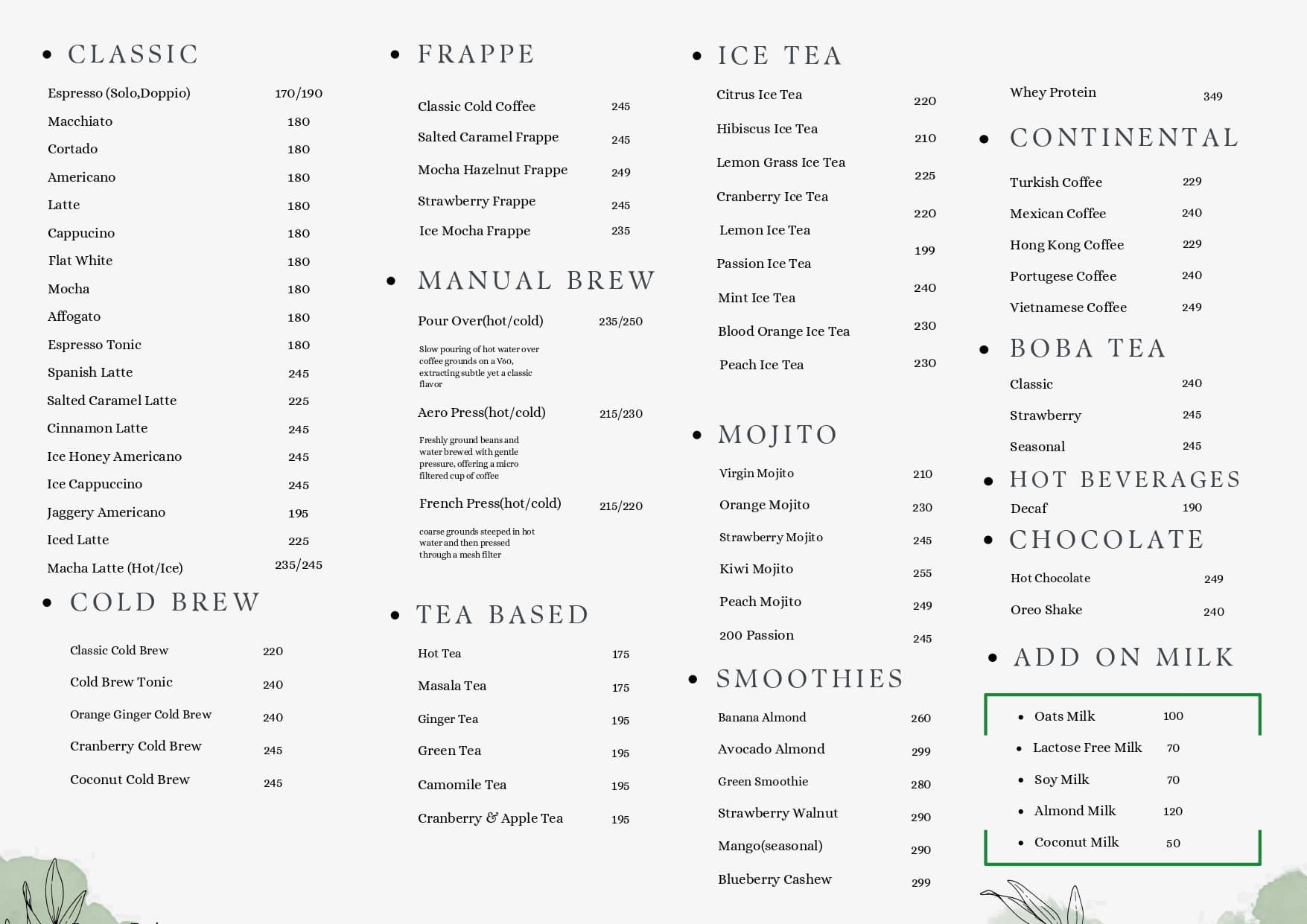 Printed menu sheet: coffee, cold brew, manual brew, tea, ice tea, mojito and smoothies.