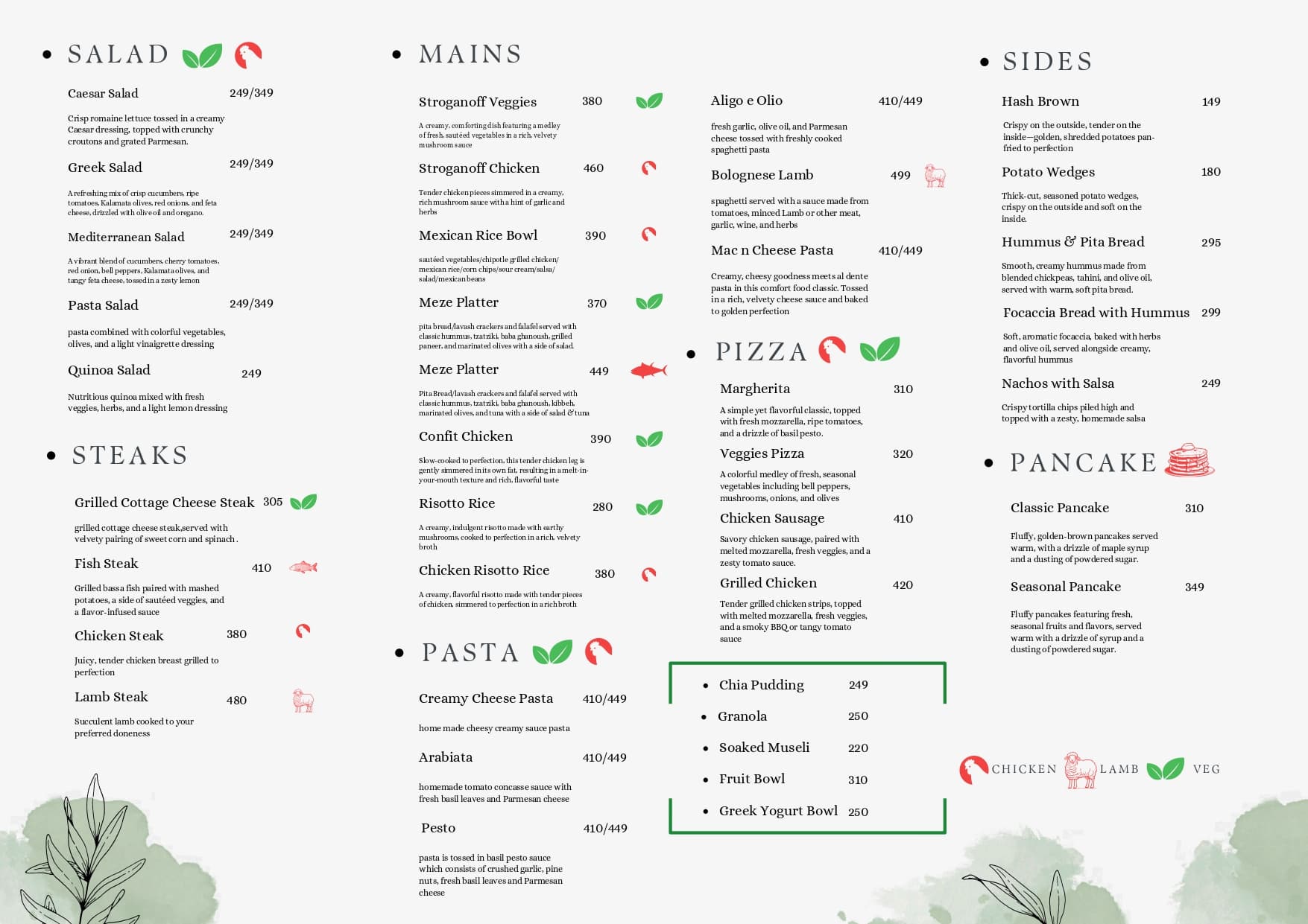 Printed menu sheet: salads, steaks, mains, pasta, pizza, sides and pancakes.