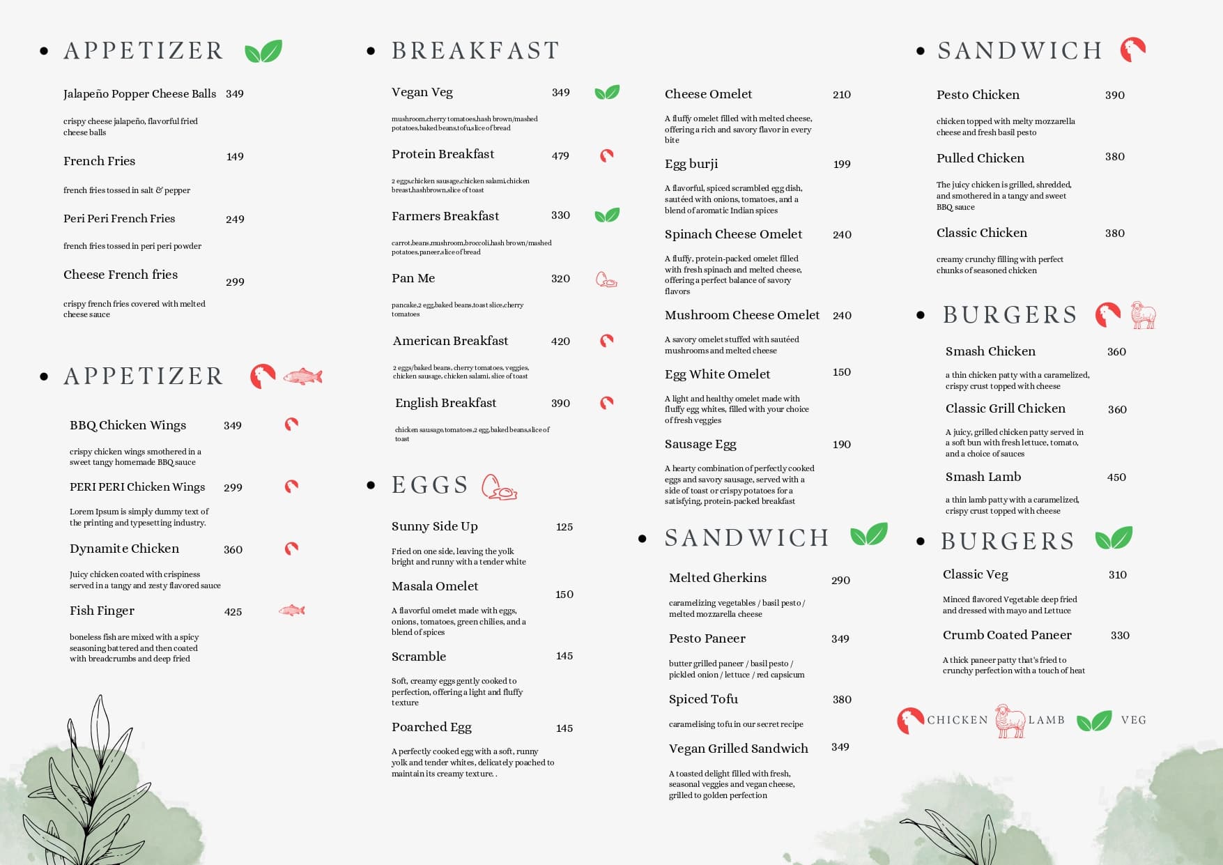 Printed menu sheet: appetisers, breakfast, eggs, sandwiches and burgers.